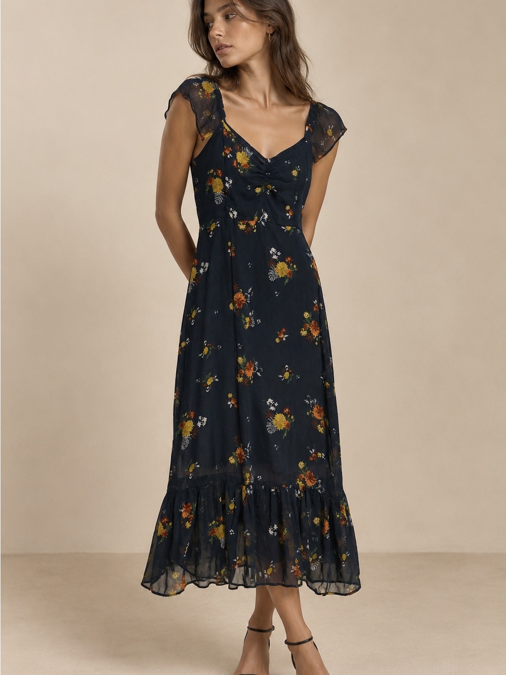Urban Outfitters Navy Floral Maxi Dress with Ruffled Hem Cottagecore Size 0